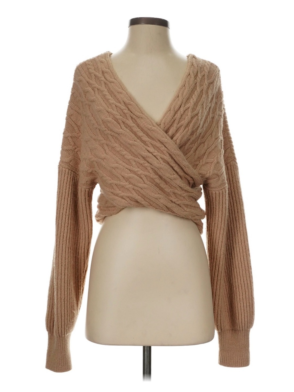 Cable Knit Off-Shoulder Wrap Sweater in Beige
